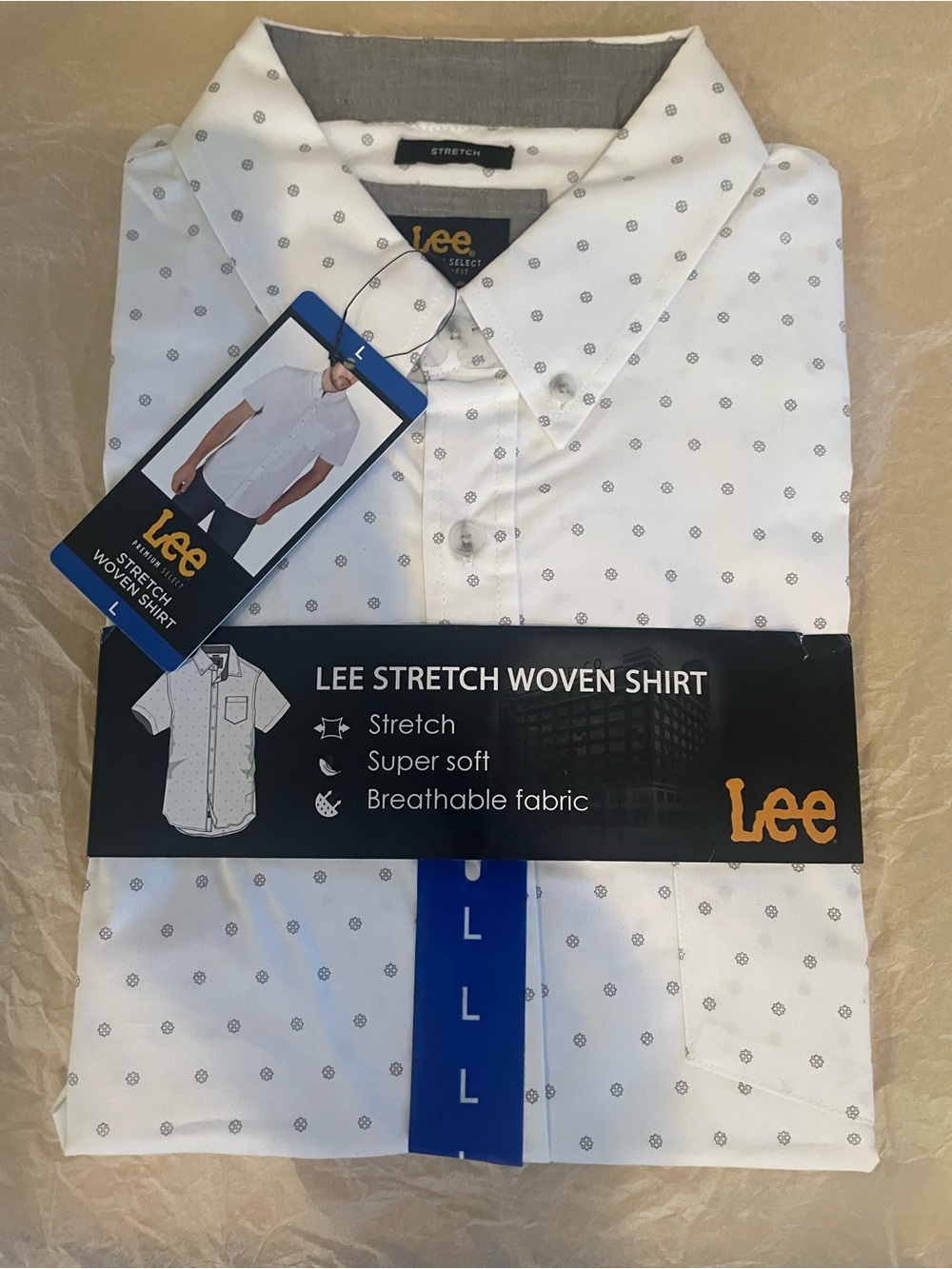Lee White Stretch Woven Button-Down Shirt with Small Gray Geometric Print